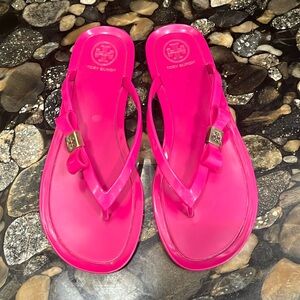 Tory Burch Michaela pink jelly flip sandals with bow 7